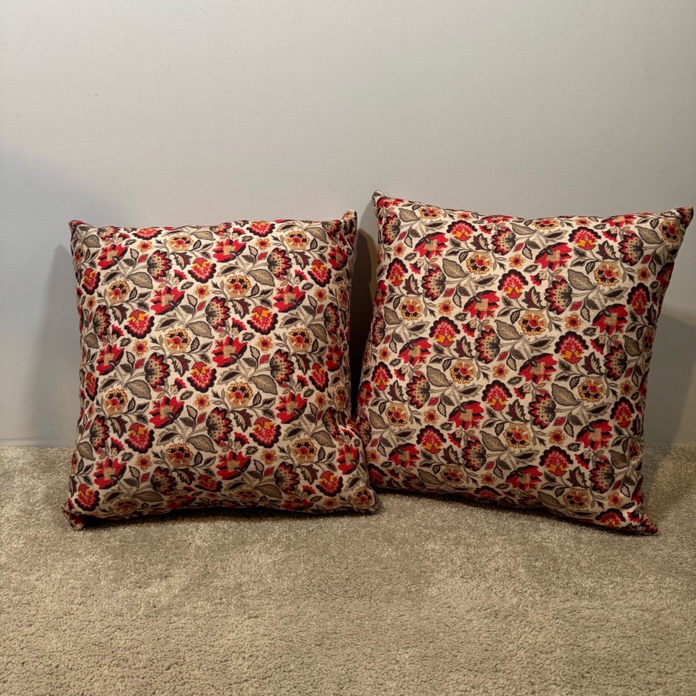 2 Floral Tapestry Throw Pillows Red Brown Yellow Gray Multicolor 16” Square Set